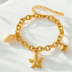 Gold Armband Damen 18K vergoldet mit Seestern, Muschel und Kettenanhängern, sommerlich