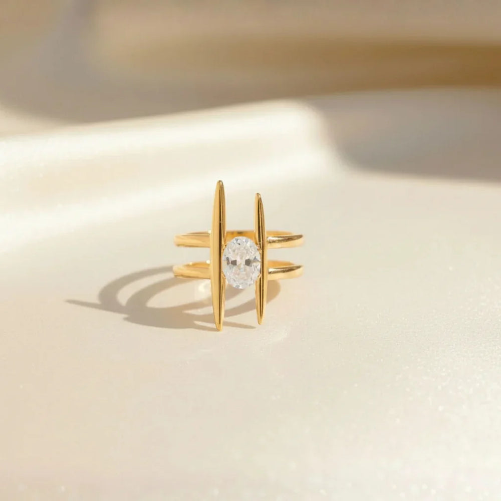 Vergoldeter Damenring mit Zirkonia, modernes Design, 18K Gold, Statement-Ring
