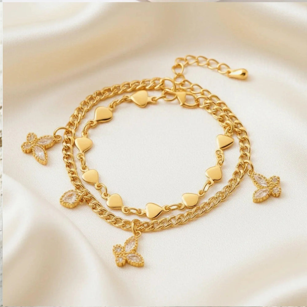 Vergoldetes Damenarmband mit Herz- und Schmetterling-Anhängern, Zirkonia, 18K Gold