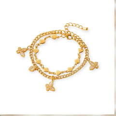 Vergoldetes Damenarmband mit Herzgliedern und Schmetterling-Anhängern, 18K, Zirkonia