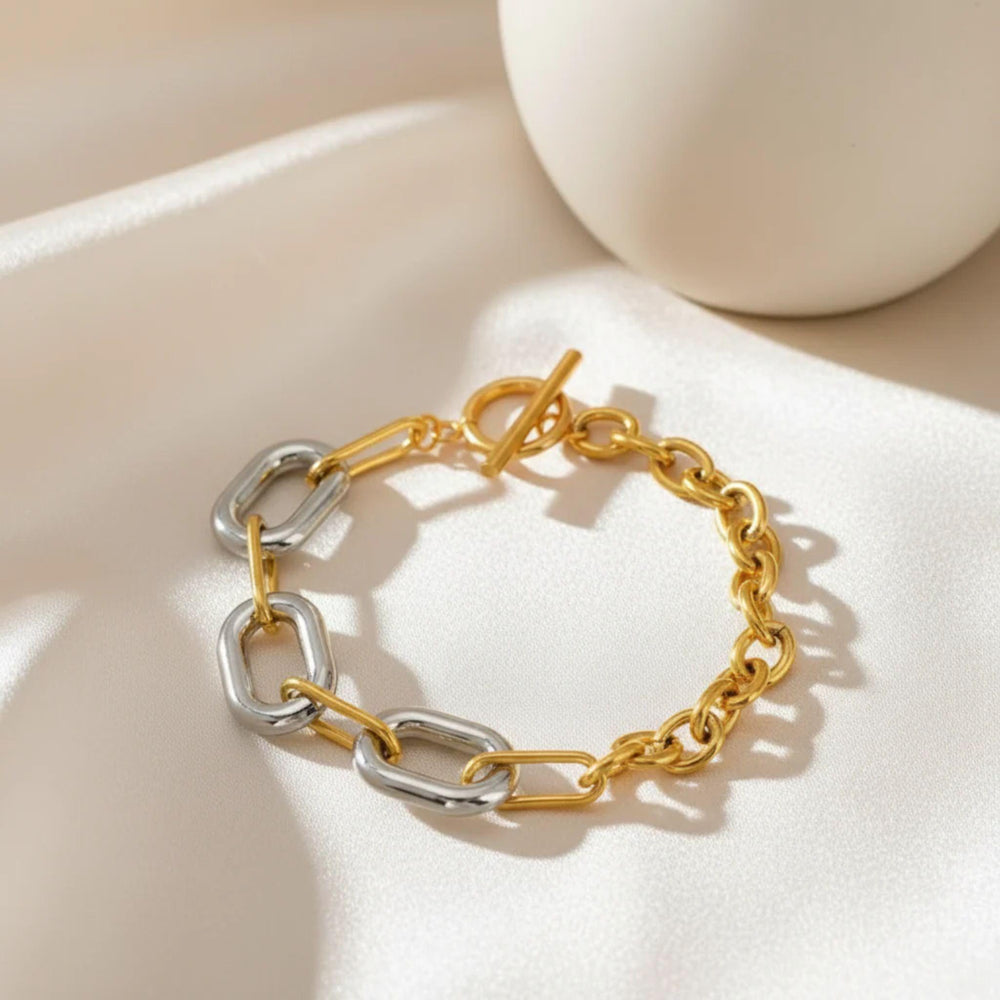 Zweifarbiges Edelstahlarmband in Gold und Silber mit T-Stab-Verschluss – Bicolor Link Balance Bracelet von LOÉAR