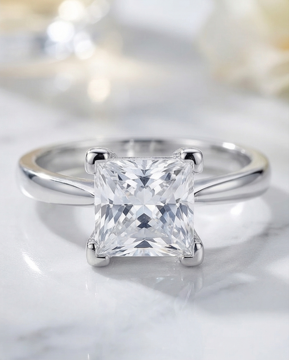luxuriöser Schmuck Ring 925 Silber Princess Cut Detailaufnahme